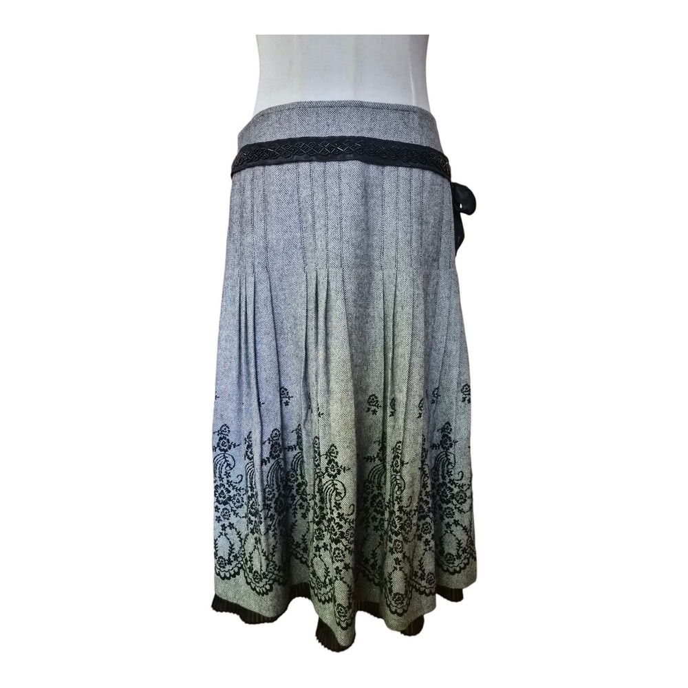 Poshe‎ Wool Blend Pleated Midi Skirt Gray Black Floral Border Beaded Waist Belt